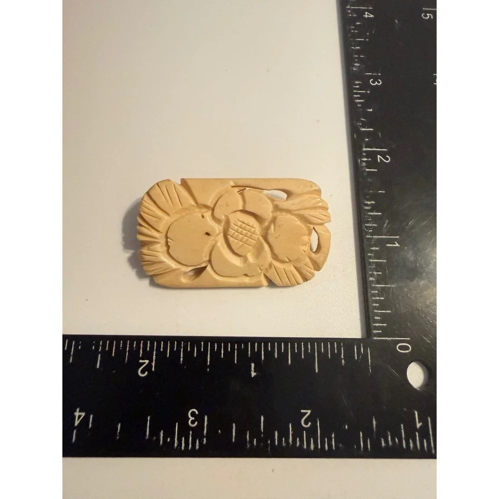 Vintage Carved Floral Brooch Cream Bone Celluloid Rectangle Flower Pin 1.75in